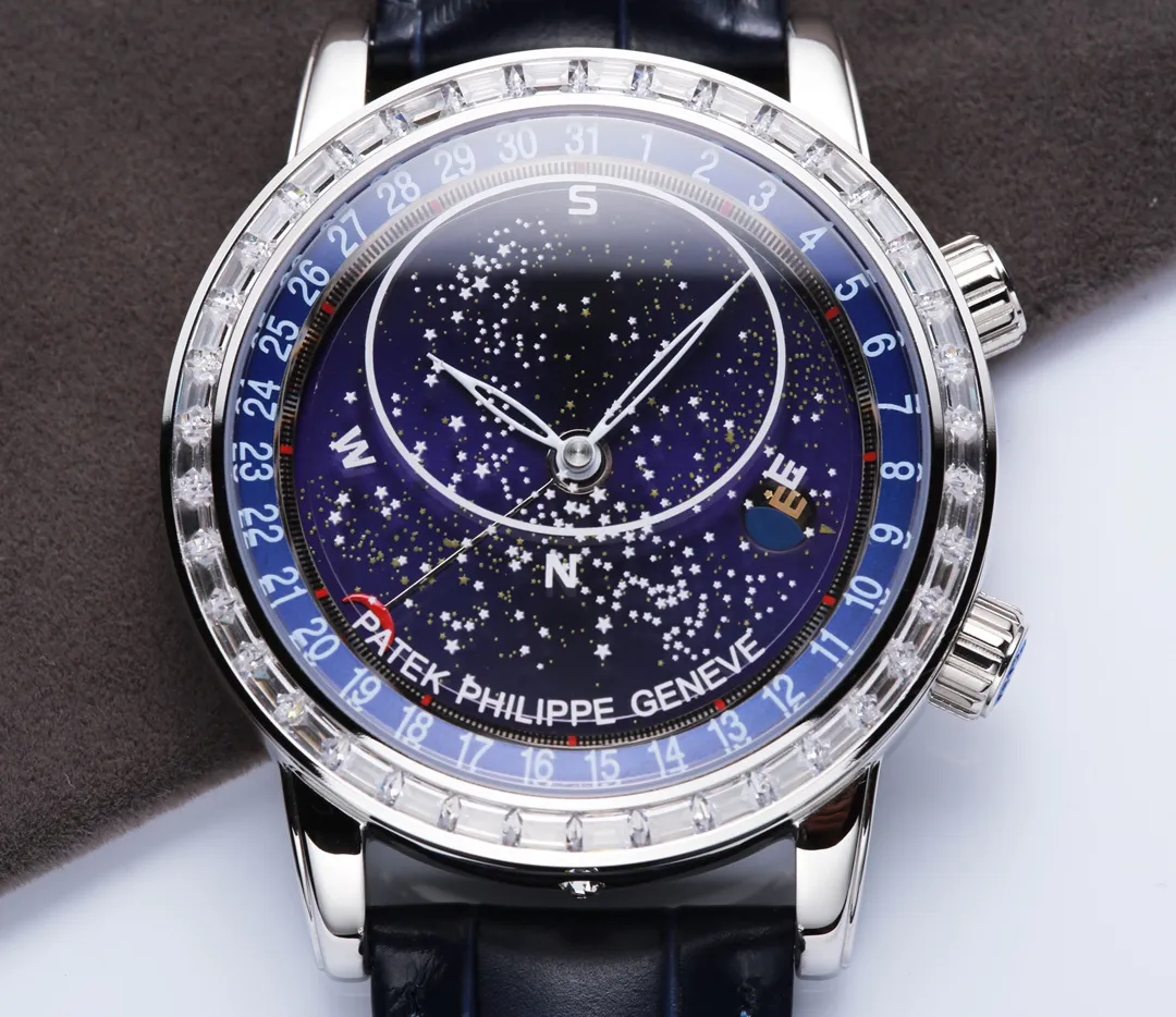 【High-end replica】💰1720! 【Top replica】💰4500! Patek Philippe Starry Sky upgraded and revised version V3 is officially launched. This version corrects the "clockwise" calendar direction consistent with the official version, adds a diamond-set version of the buckle, and tool-free disassembly and assembly of the belt. Text: Patek Philippe 6102 | 6104 Super Complication Series/Geneva Sky Series, have you ever imagined wearing the starry sky on your wrist? This starry sky watch has a unique astrological function. You can enjoy the Geneva sky map on the dial. The blue letters are matched with the 18K real gold-plated moon phase, which is consistent with the original. The black letters are matched with the enamel white moon phase, which is consistent with the original. It took 30 months to carefully build. It uses the original imported Miyota fully automatic mechanical movement modified 324S. The 6 o'clock position on the side of the case It uses imported Swarovski natural rhinestones and an original 18K gold automatic hammer. The moon on the dial will automatically change according to the full moon and eclipse of the moon in the sky. The glass is processed with advanced technology. The micro-arch shape allows the glass to refract light and have a stronger three-dimensional effect, making the dial look more transparent. Men’s ultimate dream is to have the king of watches in hand. Nothing else! (Focus on original new machines) Focus is an attitude, produced by JH!